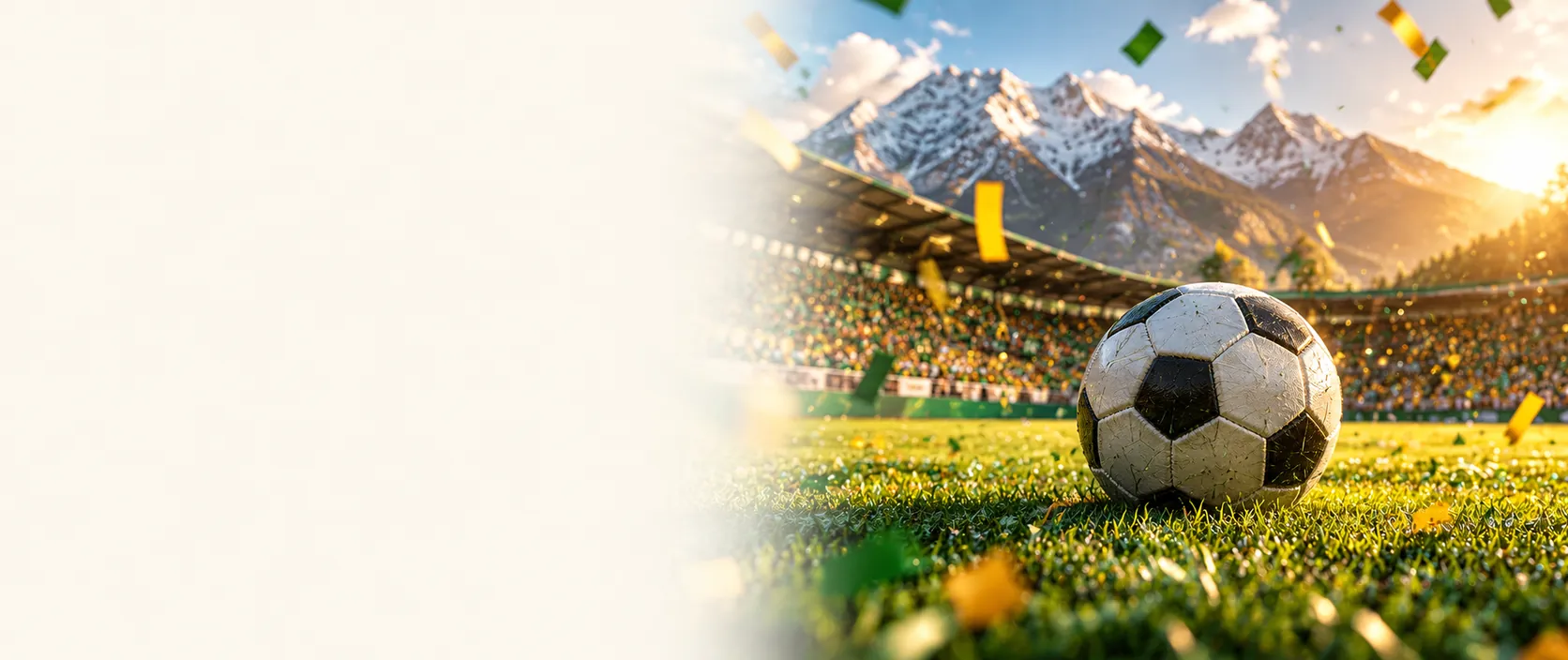 Pelota de fútbol en el pasto de un estadio con cordillera nevada de fondo y papel picado